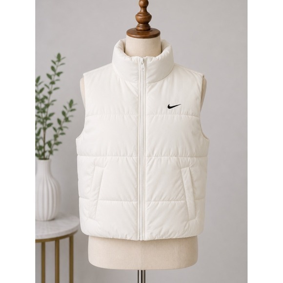 Nike Jackets & Blazers - Nike Womens Puffer Vest White Full Zip Quilted Sleeveless Jacket Stand Collar